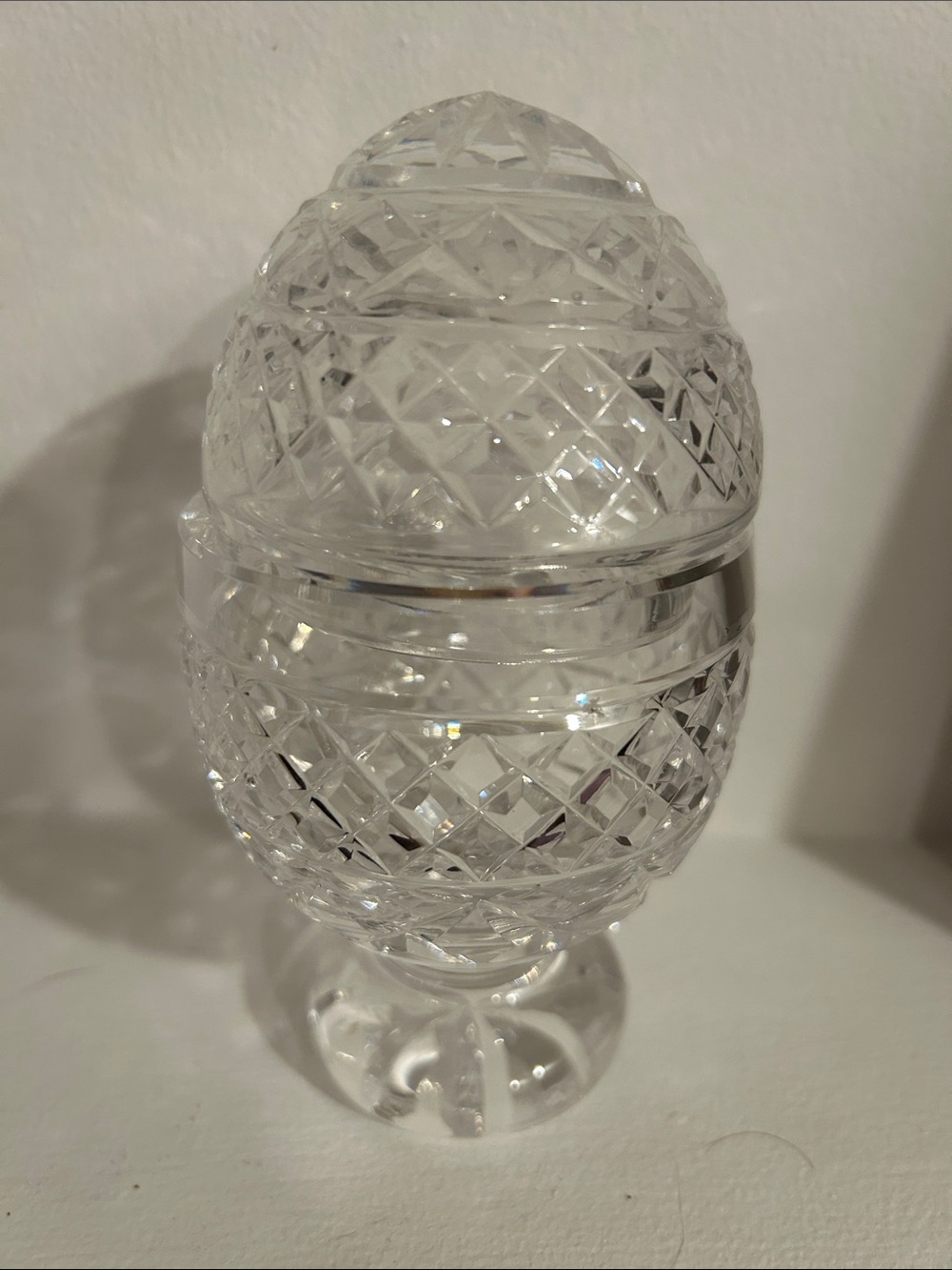 Waterford Crystal Covered Pedestal Jar Egg Shape Diamond Cut Candy Trinket Dish